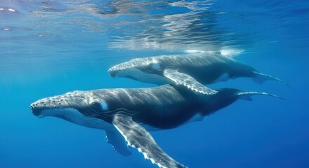 Two Humpback Whales Swimming Together Underwater in Blue Ocean Water image