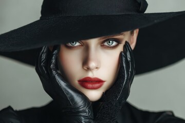 Elegant woman with striking makeup and a large black hat gazes confidently after a glamorous photoshoot in a chic urban setting during the late afternoon