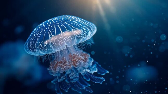 Luminous jellyfish: A mesmerizing view of a jellyfish illuminated against a deep blue background, a moment that inspires awe of the mysterious ocean.