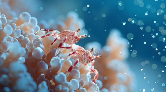 Crab's Serene Perch: A close-up shot of a tiny crab delicately perched amidst the textured beauty of coral, against an aquatic backdrop. An intimate glimpse into the hidden world of the ocean.