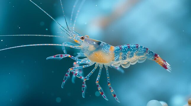 Delicate Shrimp in Aqua Realm: A mesmerizing close-up unveils a translucent shrimp gracefully navigating its aquatic world, with intricate details of its shell.