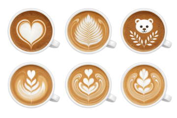 Realistic Color Coffee Cup Bundle 6 Variations of Latte Art