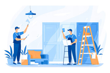 Happy professional team of painters and decorators builders