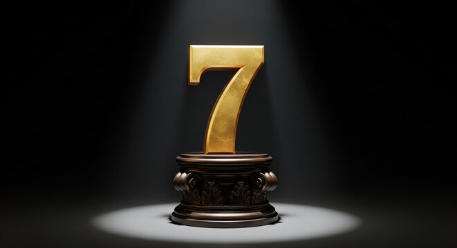 Golden number seven stands illuminated on a pedestal, representing luck, achievement, or a special anniversary.