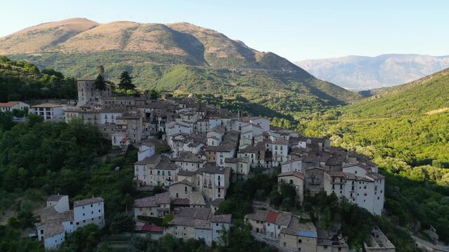 Panoramic aerial drone view of the village of Anversa degli Abruzzi in the province of L'Aquila in Abruzzo. The Gole del Sagittario nature reserve is nearby.