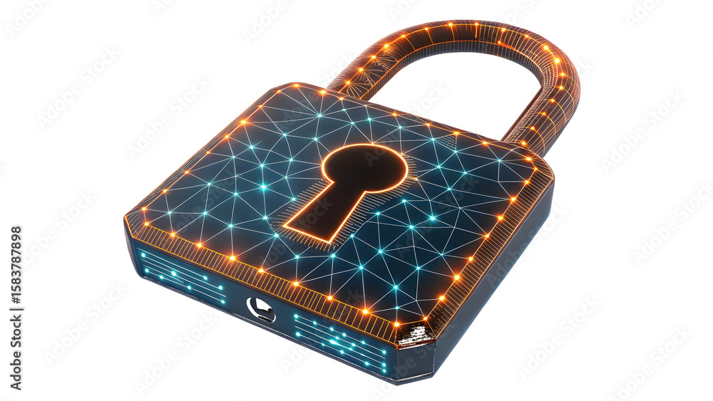 Poster digital padlock with glowing geometric network and illuminated keyhole isolated on a transparent bac