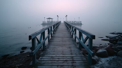 Fototapeta premium A tranquil pier stretching out into a misty sea at dawn, creating an atmosphere of quiet solitude with fog rolling in over the calm water.