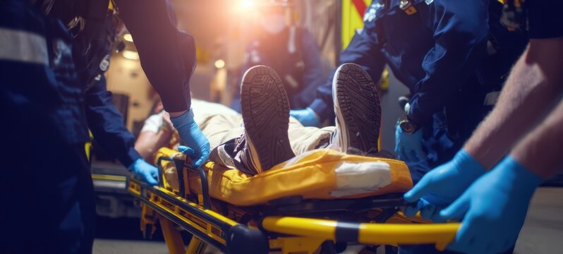 The paramedics urgently transporting a patient on a stretcher in the night.