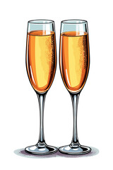 Two champagne flutes filled with bubbly drink, celebratory theme, colorful illustration, copy space