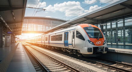 Naklejka premium High speed train on the railway station at sunset. Industrial landscape with modern intercity passenger train on the railway platform and blue cloudy sky. Railroad in Europe. Commercial transportation