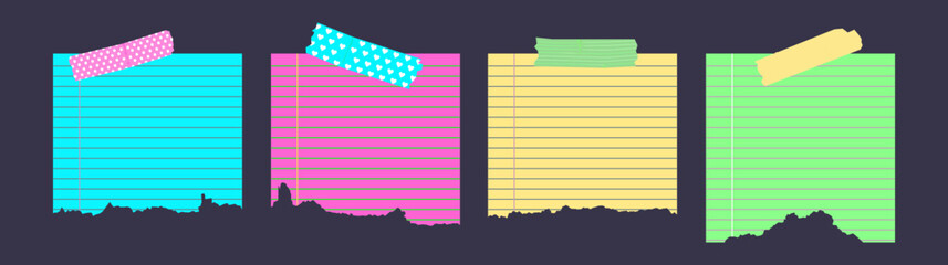 Square ripped pink, yellow, green and blue paper with tape. Lined torn notebook sheet.