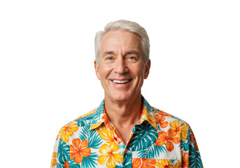 Portrait of Happy Senior Man in Floral Hawaiian Shirt – isolated on a transparent background PNG.