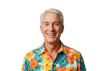 Portrait of Happy Senior Man in Floral Hawaiian Shirt – isolated on a transparent background PNG.