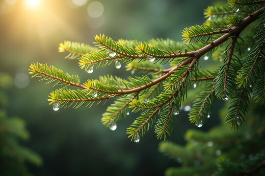 A pine branch with vibrant green needles and clear dew drops glistening in the sunlight, set against a blurred forest background.