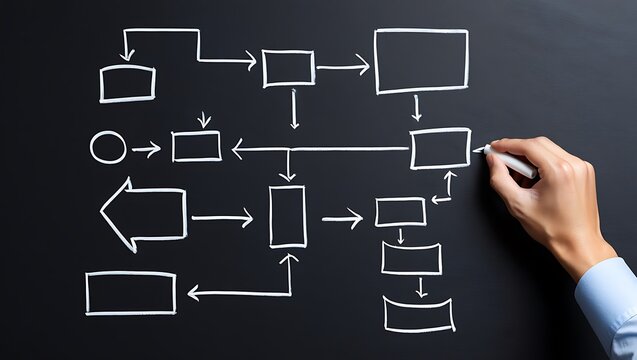Visualizing Business Process Mapping and Workflow Optimization Through Hand Drawn Diagrams on a Chalkboard Demonstrating Strategic Planning and System Analysis
