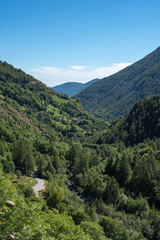 Naklejka premium Panoramic view of forested mountain slopes under clear blue sky. Twin Ridges Descending into the Alpine Silence. Green hills descending into a wide alpine valley. 