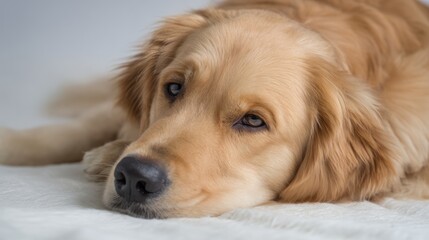 Golden Retriever resting on light surface