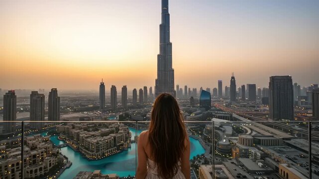 Woman overlooks a breathtaking cityscape at sunset featuring a prominent skyscraper architecture urban adventure travel - Powered by Adobe