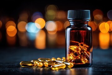 Dark amber glass bottle filled with scattered vitamins on a table in a softly lit environment at night