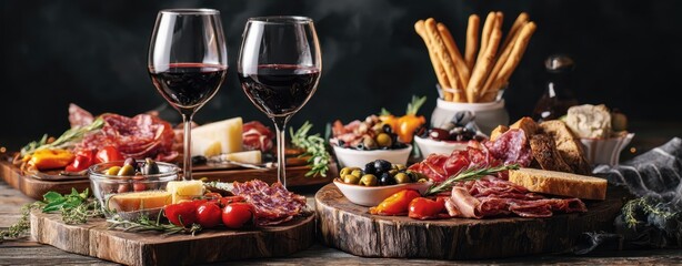 The elegant charcuterie board with wine and assorted gourmet delicacies.