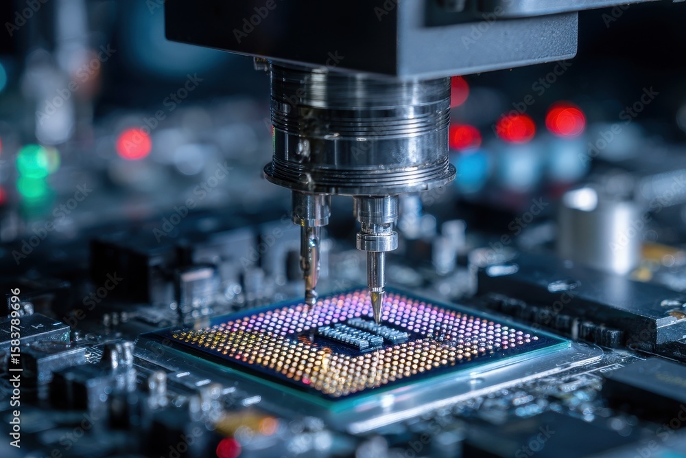 Poster close up of semiconductor manufacturing process showcasing precise machinery interacting with a micr