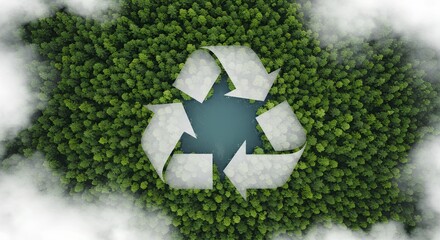 Aerial view of green forest with recycle symbol and water surrounded by white clouds recycling
