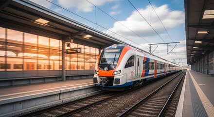 Obraz premium High speed train on the railway station at sunset. Industrial landscape with modern intercity passenger train on the railway platform and blue cloudy sky. Railroad in Europe. Commercial transportation