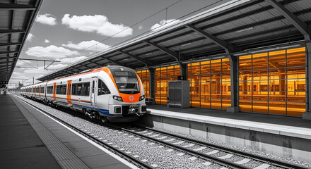 Fototapeta premium High speed train on the railway station at sunset. Industrial landscape with modern intercity passenger train on the railway platform and blue cloudy sky. Railroad in Europe. Commercial transportation