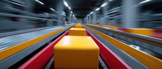 Air cargo hub with automated sorting systems, rapid global delivery. Speed, efficiency. Industrial, dynamic.