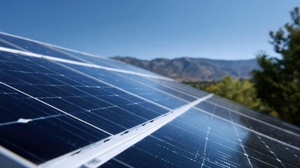 Residential rooftop solar array reflecting the clear sky, widespread adoption of home renewables. Community, efficiency. Sunny, clean.