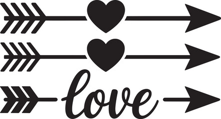 Black Arrows Hearts and Love Word Vector Illustration on White Background