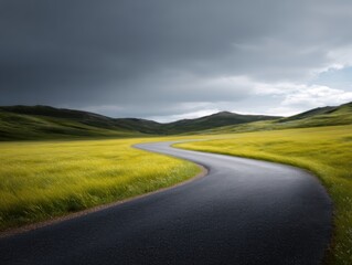 Fototapeta premium Conceptual image: A winding road leading to a picturesque distant horizon, symbolizing personal journey and exploration. Travel, adventure.