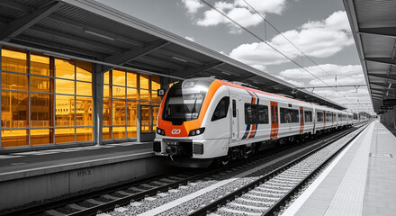 Fototapeta premium High speed train on the railway station at sunset. Industrial landscape with modern intercity passenger train on the railway platform and blue cloudy sky. Railroad in Europe. Commercial transportation