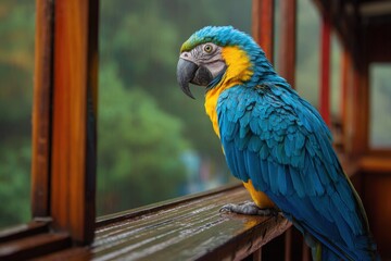 Bright blue macaw perched on a wooden window railing overlooking a lush green landscape in the early morning light