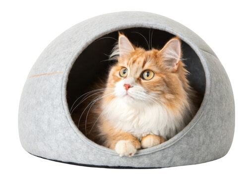Fluffy orange and white cat resting comfortably in a cozy grey cat bed isolated on transparent background