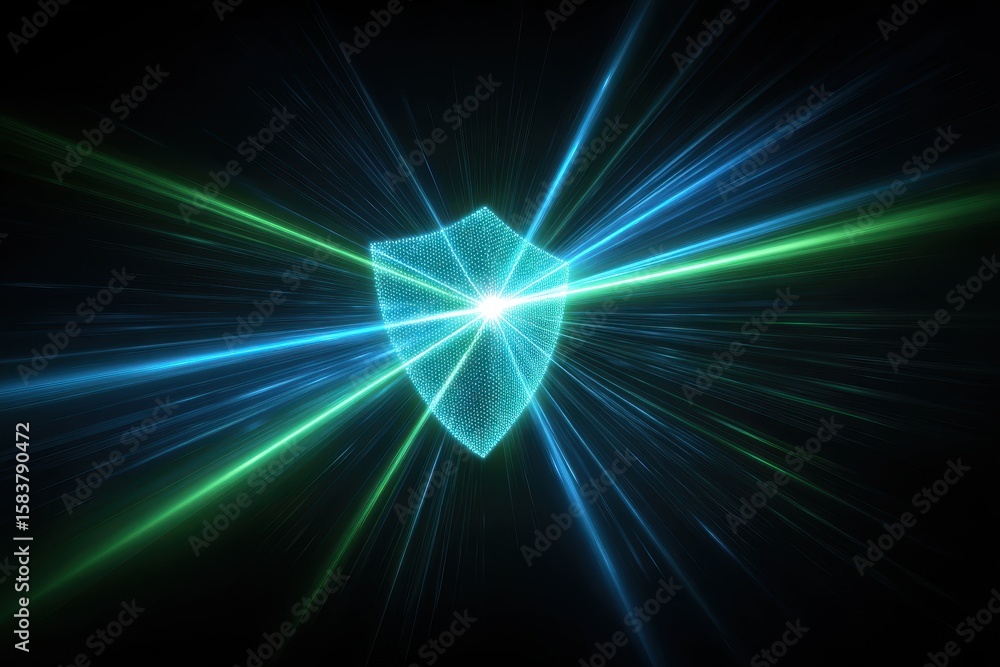 Poster digital shield emitting glowing blue and green rays, representing advanced security technology in a 