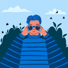Birdwatching trendy flat vector concept. Young man in a blue sweater with binoculars in his hands spends time in nature.