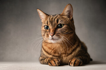 Close up portrait of a cat. A cat with round big black pupils. Muzzle of a cute tabby cat ....