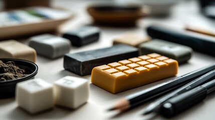 Colorful Rectangular Erasers on Light Surface &ndash; Focus on Grid-Pattern Orange Eraser with Stationery Accents ,modern eraser design, stationery art, workspace inspiration