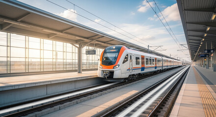 Naklejka premium High speed train on the railway station at sunset. Industrial landscape with modern intercity passenger train on the railway platform and blue cloudy sky. Railroad in Europe. Commercial transportation