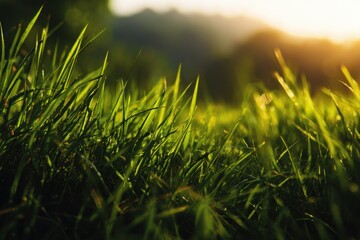 Obraz premium Lush green grass bathed in warm sunlight creates a serene atmosphere in a natural setting during the early evening hours
