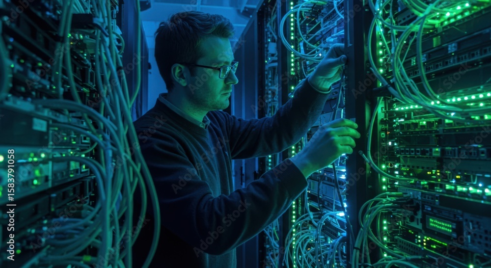 Poster it technician meticulously works with glowing green server racks and complex network cables in a dat
