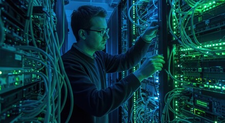 It technician meticulously works with glowing green server racks and complex network cables in a data center