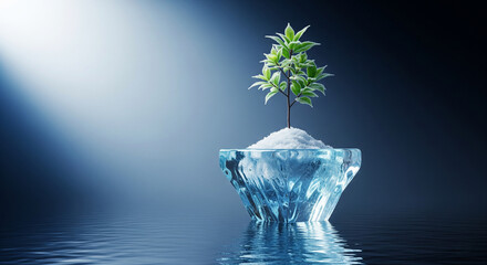 Frosty Green Sapling on Transparent Icy Blue Pedestal Reflected in Glassy Water