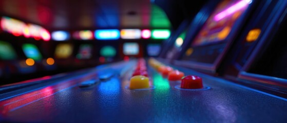 Arcade gaming hall with vibrant lights and nostalgic games, retro entertainment. Fun, leisure. Colorful, lively.