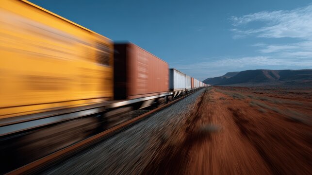 Autonomous trains transporting freight across vast distances, efficient rail logistics. Cargo, speed. Industrial, expansive.