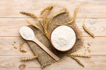 Flat lay of Wheat flour in wooden bowl with wheat spikelets on colored background. world wheat...