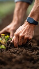 Hands examining soil moisture levels with a smart sensor, data-driven irrigation. Water conservation, efficiency. Earthy, technical.