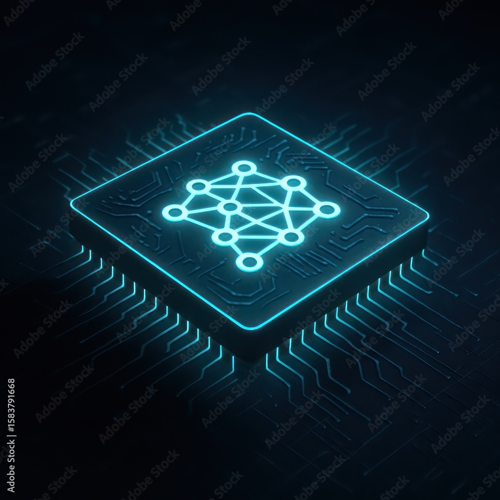 Poster high-tech illustration of a computer chip design with a glowing neon blueprint of a network, showcas