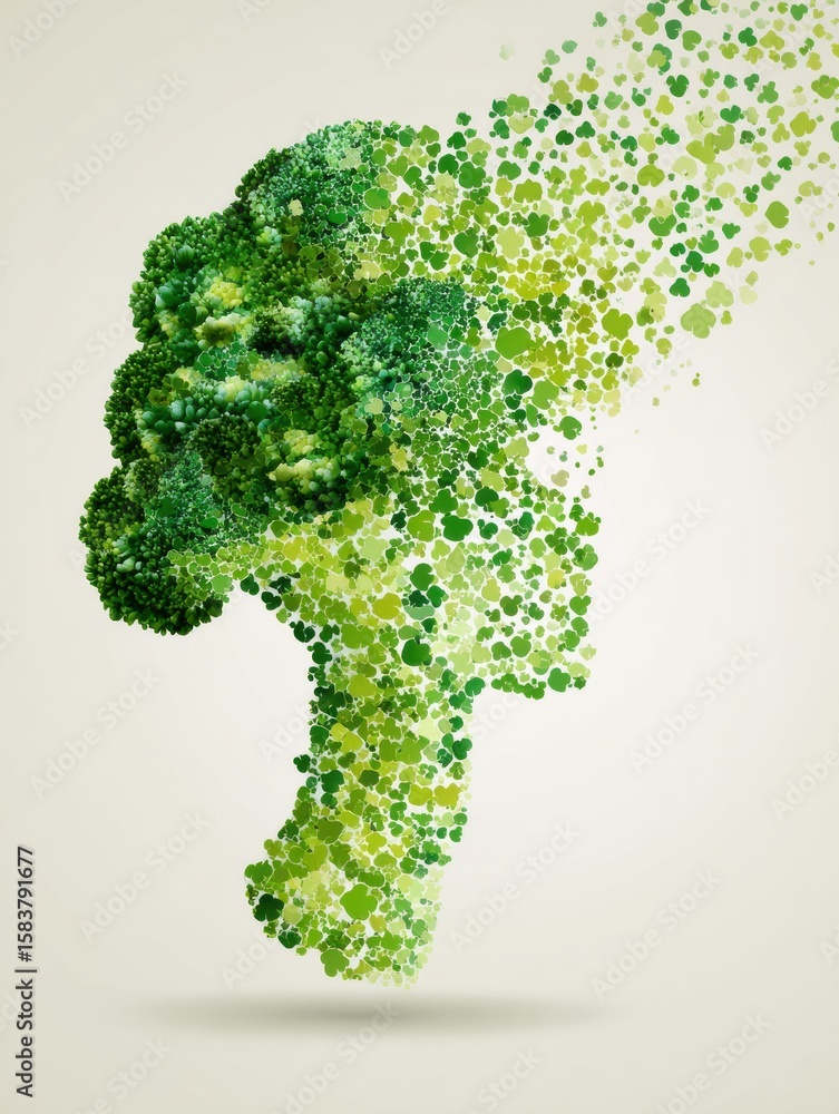 Poster minimal broccoli silhouette created from green pixels set against a clean background conveying a fre